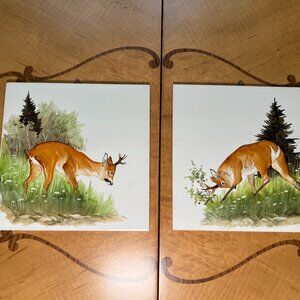 🦌🌲✨ Vintage Hand-Painted Ceramic Deer Plaques Tiles Coasters– Set of 2 ✨🌲🦌
